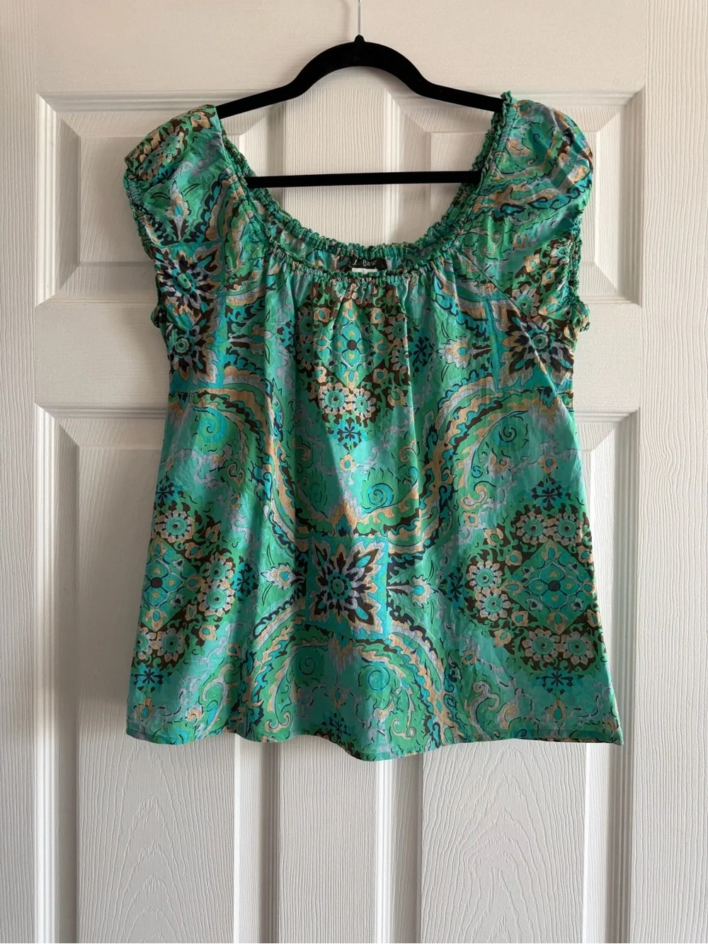 J. Crew Green Paisley Scoop-Neck Peasant Blouse